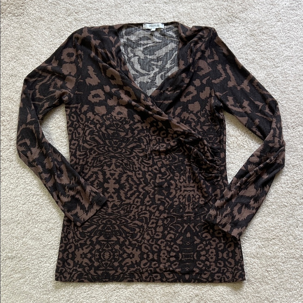 MaxMara Animal Print Faux Wrap Wool Blend Top Medium EUC